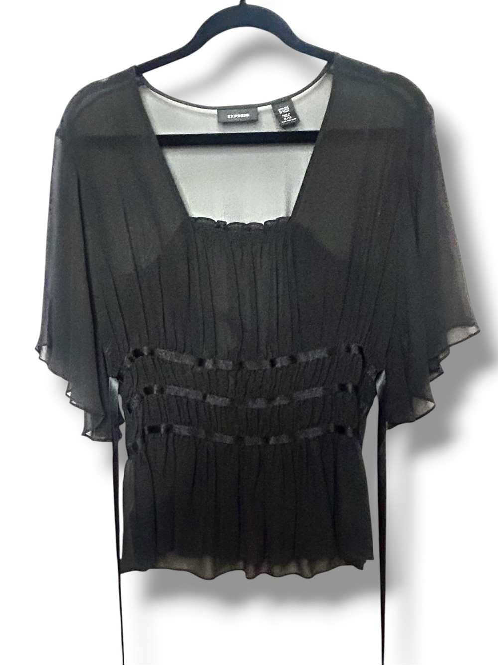 Vintage Express 100% Silk Black Sheer Smocked Flutter Sleeve Blouse Ribbon Ties